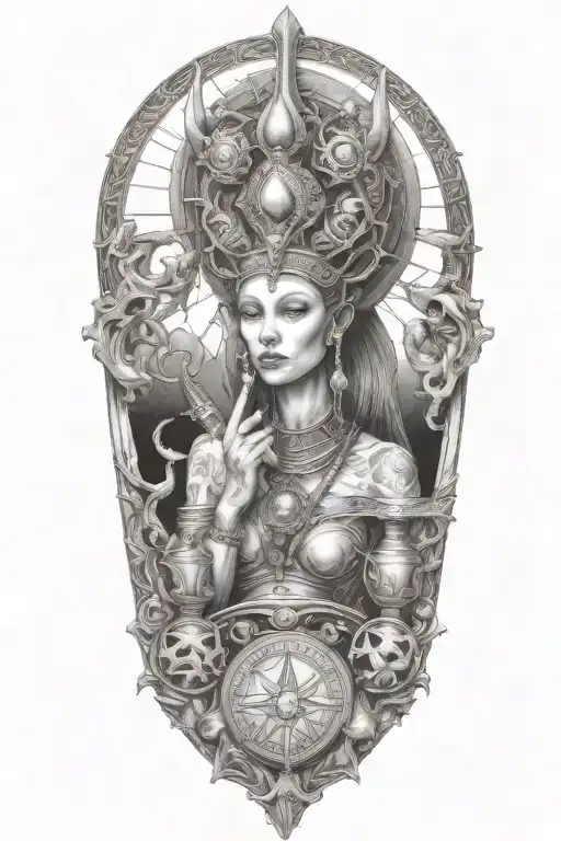 high priestess, bj tora scroll,shape shifter,empress queen or swords wands and pentacles cups alien ancient,seline tattoo design idea