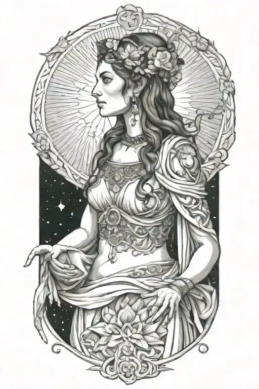 artimis greek goggess high priestess , celestial,  Jacinta-rose ancient  tattoo design idea