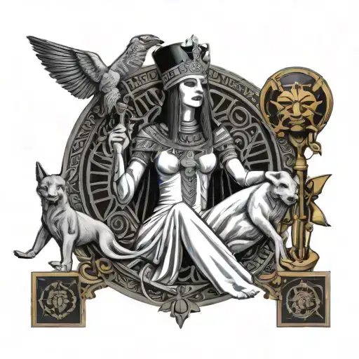 high priestess with white  alien Egyptian Artemis jacinta empress simmilar back ground to original high priestess tarot  tattoo design idea