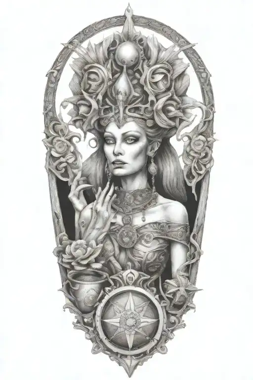 high priestess, bj tora scroll,shape shifter,empress queen swords wands pentacles cups alien ancient,seline Jacinta-rose tattoo design idea