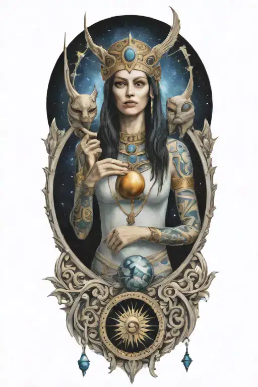 high priestess tarot, Artemis goddesse greek,Jacinta-rose,sphinx,alien,queen,eygpt,ancient,shapeshifter,holy  tattoo design idea