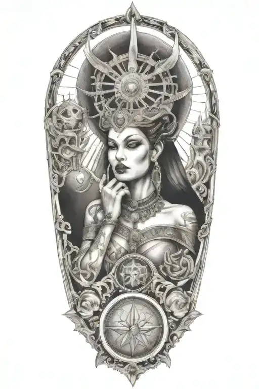 high priestess, bj tora scroll,shape shifter,empress queen swords wands pentacles cups alien ancient,seline Jacinta-rose tattoo design idea