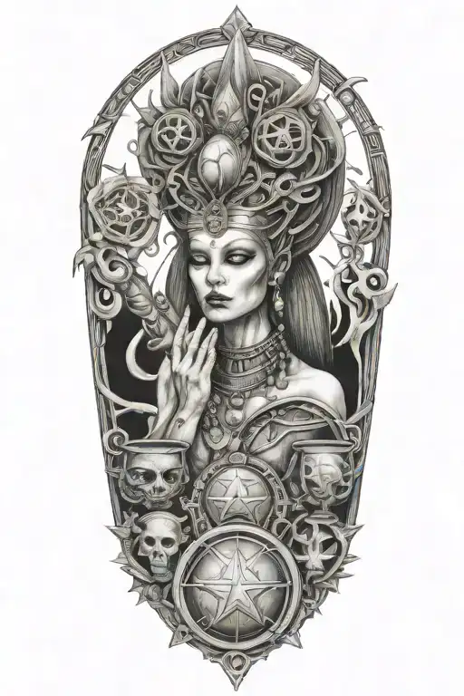 high priestess, bj tora scroll,shape shifter,empress queen or swords wands and pentacles cups alien ancient Jacinta-rose tattoo design idea
