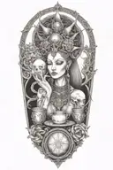 high priestess, bj tora scroll,shape shifter,empress queen swords wands pentacles cups alien ancient,seline Jacinta-rose tattoo design idea