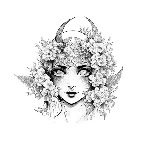 A graceful dancer surrounded by blooming flowers and a crescent moon tattoo design idea