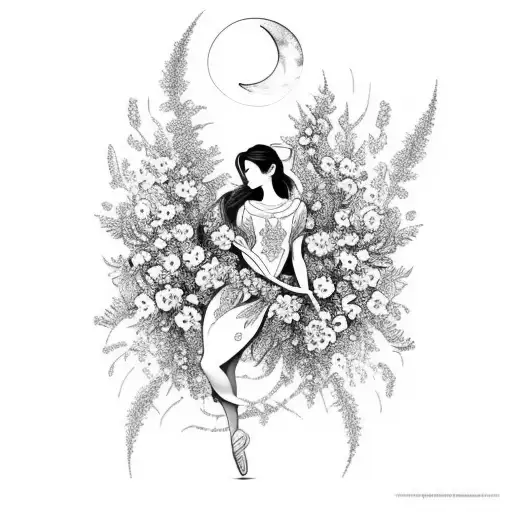 A graceful dancer surrounded by blooming flowers and a crescent moon tattoo design idea