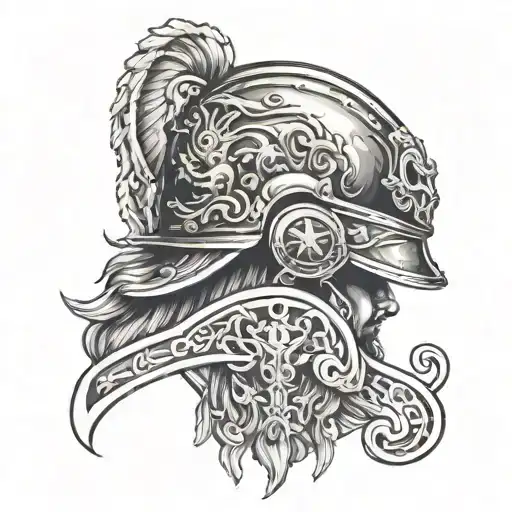 An intricate tattoo design merging a soldier's helmet with mythical creatures from Greek mythology like a centaur or a chimera, incorporating elements of various sports equipment subtly in the background tattoo design idea