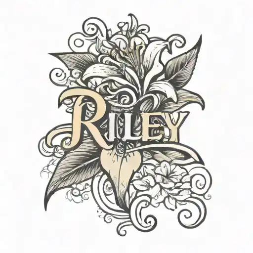 the name Riley in a cursive font with a lily underneath, small tattoo tattoo design idea
