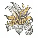 the name Riley in a cursive font with a lily underneath, small tattoo tattoo design idea