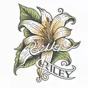 the name Riley in a cursive font with a lily underneath, small tattoo tattoo design idea