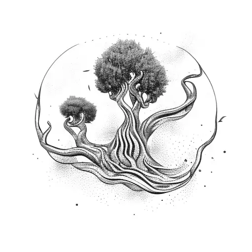 An olive tree with powerful roots and waves behind it tattoo design idea