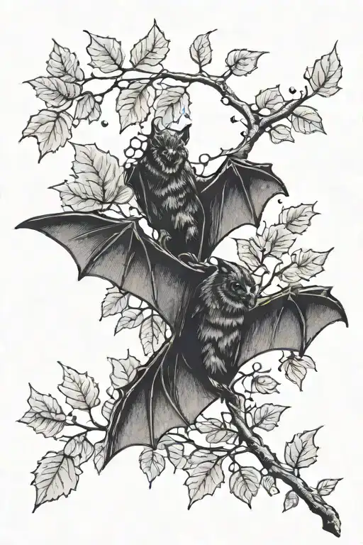 Tree Branch with a few Autumn leaves and a bat hanging on one branch, a few bats flying in the backround tattoo design idea