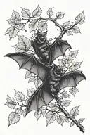 Tree Branch with a few Autumn leaves and a bat hanging on one branch, a few bats flying in the backround tattoo design idea