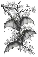 Tree Branch with a few Autumn leaves and a bat hanging on one branch, a few bats flying in the backround tattoo design idea