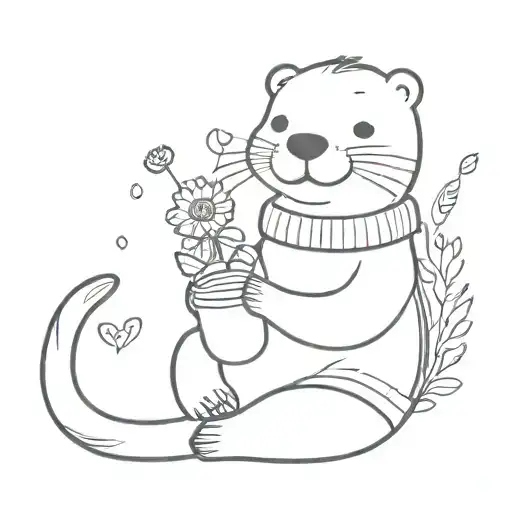 cute otter in a sweater with a heart sits on her bottom and holds a daisy in her right hand. she smiles tattoo design idea