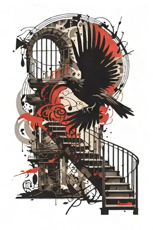 long shadow, crow flying, spiral staircase tattoo design idea