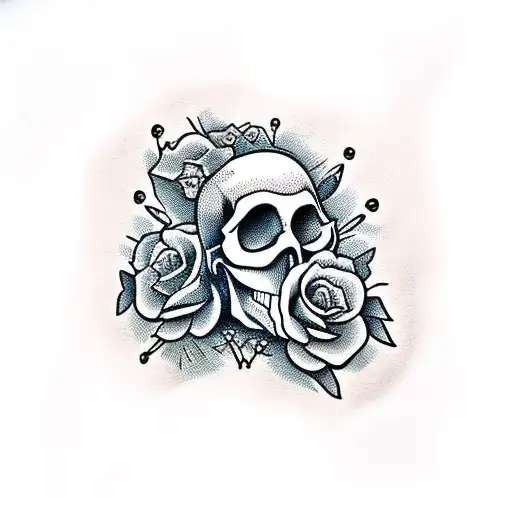 skull and roses, banderoll with the name robert inside tattoo design idea