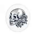 skull and roses, banderoll with the name robert inside tattoo design idea