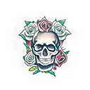 skull and roses, banderoll with the name robert inside tattoo design idea