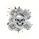 skull and roses, banderoll with the name robert inside tattoo design idea