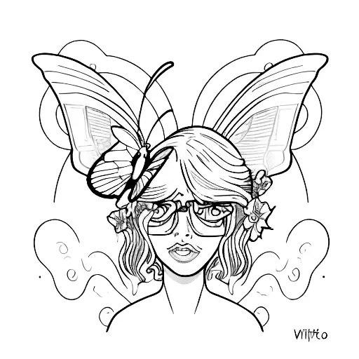 A comic book style portrait of a person with a butterfly emerging from their mind tattoo design idea