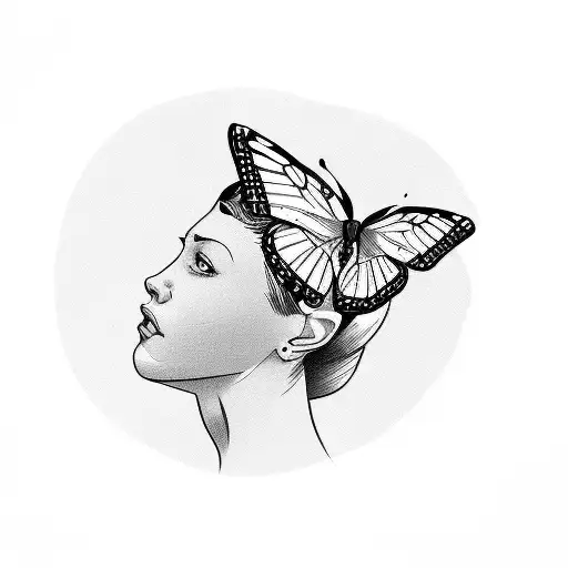 A comic book style portrait of a person with a butterfly emerging from their mind tattoo design idea