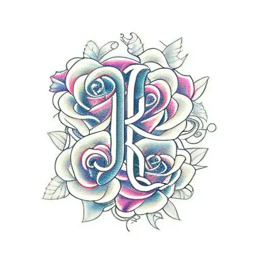A tattoo design of initials 'S' and 'K' in a romantic script font, surrounded by intricate rose vines tattoo design idea