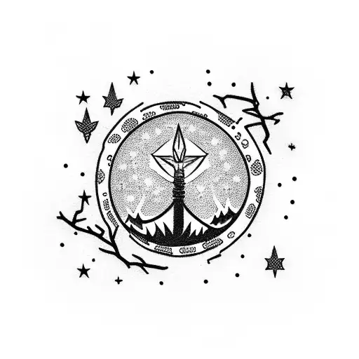 A dotwork tattoo of a campfire under a starry night sky with a police badge hanging from a nearby tree branch tattoo design idea