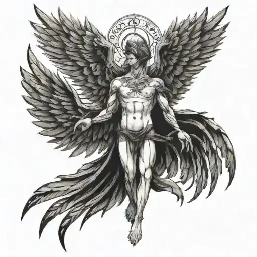 Tattoo of a man cutting off the wings of a six-winged seraph tattoo design idea