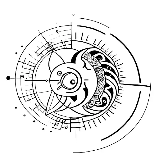 A minimalist tattoo of a sun and moon intertwined with musical notes tattoo design idea