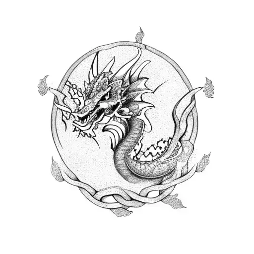 A dotwork design of a mystical dragon intertwined with intricate floral patterns tattoo design idea