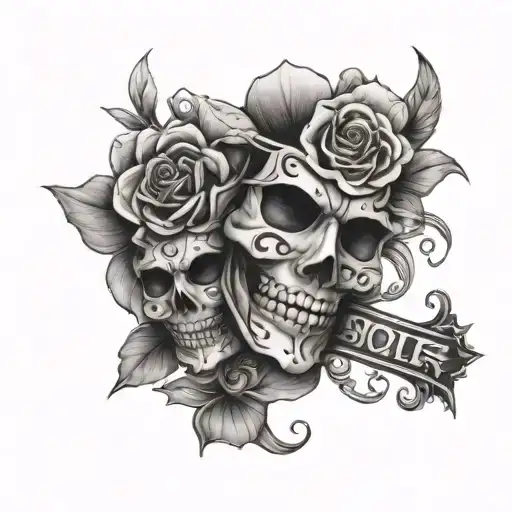 smile now cry later mask, flowers , cross  tattoo design idea