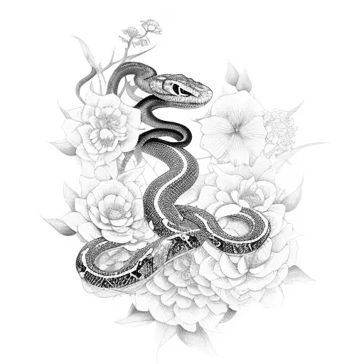 Openjourney prompt: snakes with flowers, tattoo sketch, - PromptHero