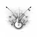 A paintbrush and a guitar crossing each other tattoo design idea
