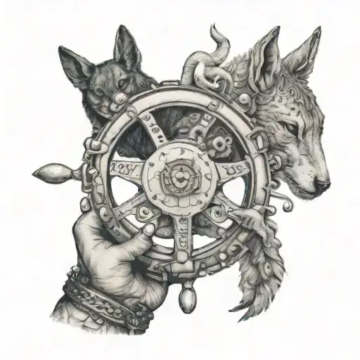 A driver's hand holding a steering wheel, surrounded by various animals tattoo design idea