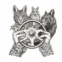 A driver's hand holding a steering wheel, surrounded by various animals tattoo design idea