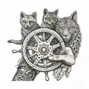 A driver's hand holding a steering wheel, surrounded by various animals tattoo design idea