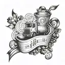 A tattoo design featuring musical notes intertwined with coffee beans and a winding road symbolizing the life of a truck driver tattoo design idea