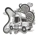 A tattoo design featuring musical notes intertwined with coffee beans and a winding road symbolizing the life of a truck driver tattoo design idea