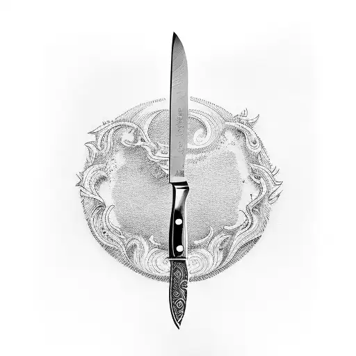 A chef's knife with anime-inspired engravings tattoo design idea