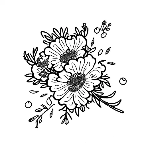 bouquet of carnation, hawthorn, and violet flowers tattoo design idea