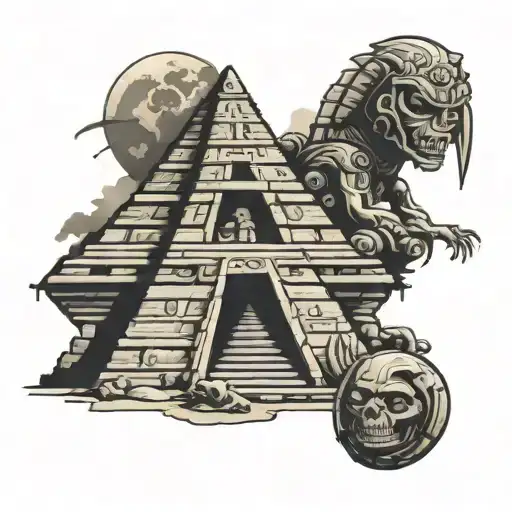 Mayan pyramid with stoned alien on top  tattoo design idea