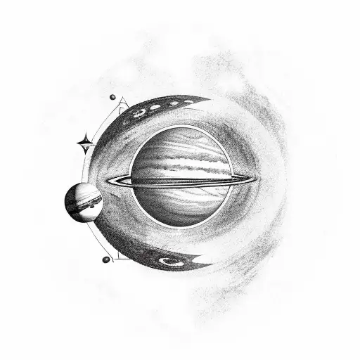 a man with his back to the viewer looking up at a large solar system orrery sphere with a sky background of stars   tattoo design idea