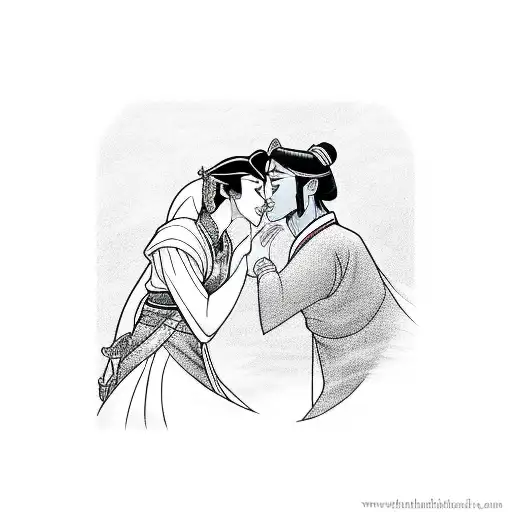 princess jasmine and mulan kissing tattoo design idea