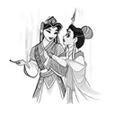 princess jasmine and mulan kissing each other wearing 2010's clothes tattoo design idea