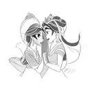 princess jasmine and mulan kissing each other wearing 2010's clothes tattoo design idea