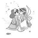 princess jasmine and mulan kissing each other wearing 2010's clothes tattoo design idea
