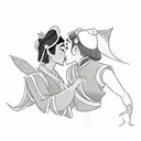 princess jasmine and mulan kissing each other wearing 2010's clothes tattoo design idea
