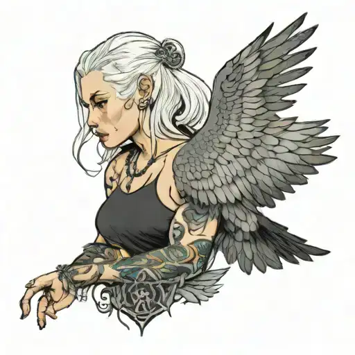 female with eagle wings, white skin, shoulder length silver hair flip to one side and shaved on the other, tattoos and p tattoo design idea