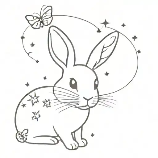 a rabbit looking up with a number of butterflies, stars and hearts, a hamster with oreaola on its back tattoo design idea